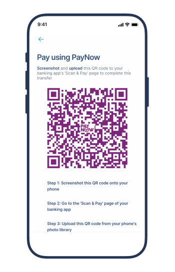 Complete your details faster when using PayNow to move Singaporean dollars. 